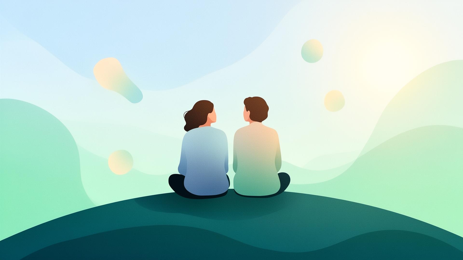 Two people sitting together on a calm horizon at sunrise